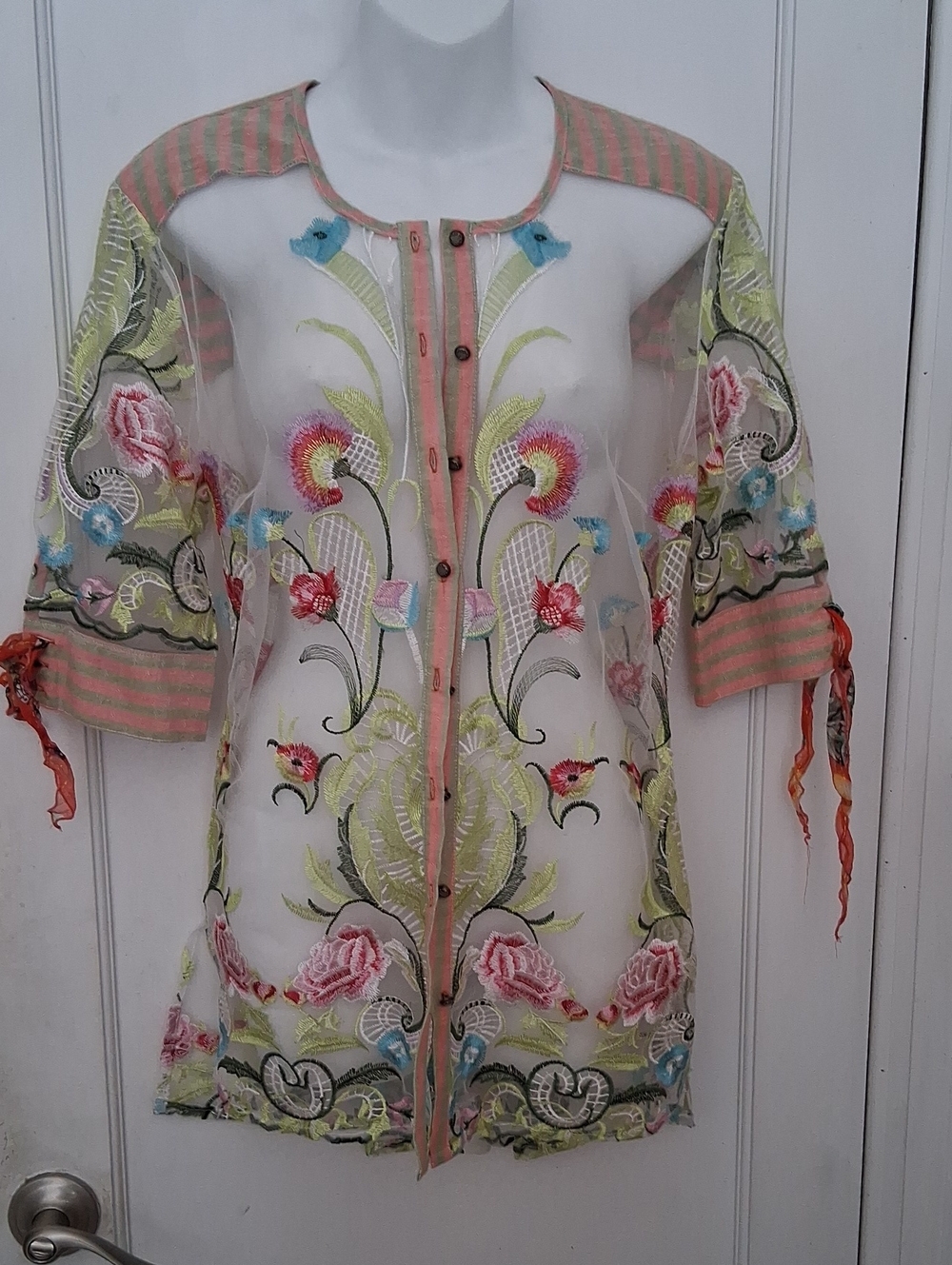 Aratta Silent Journey Sheer Embroidered Boho Blouse Pink Green Blue Accents